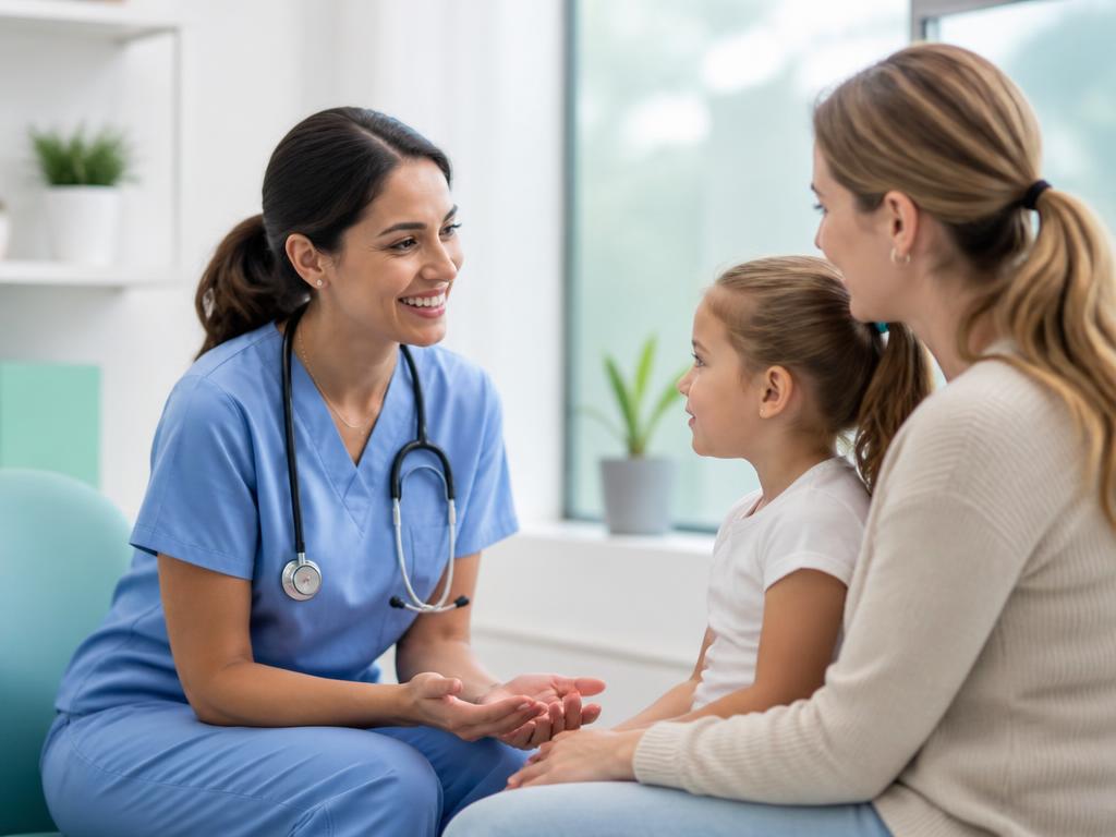 Doctor talking warmly with a mother and child in a bright clinic