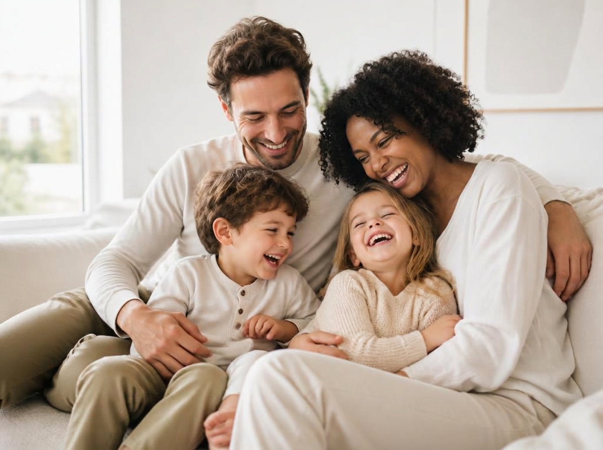 Parents and two children laughing together in a sunlit living room