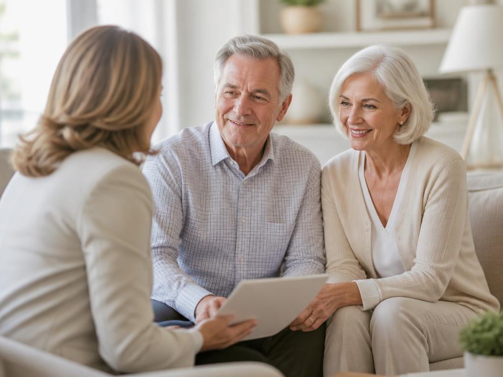 Senior couple reviewing coverage options with an advisor in a bright home