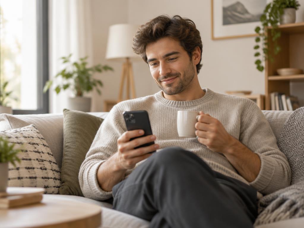 Man relaxing on his sofa with a coffee, starting an inquiry on his phone