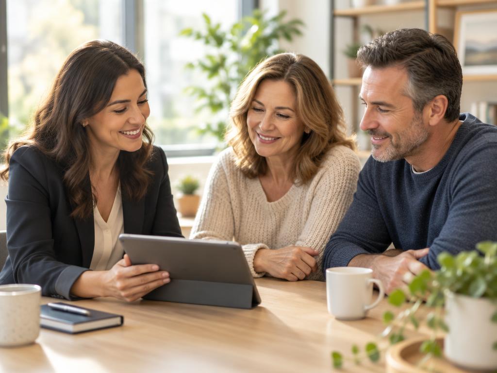 Insurance advisor reviewing options on a tablet with a couple at a bright table