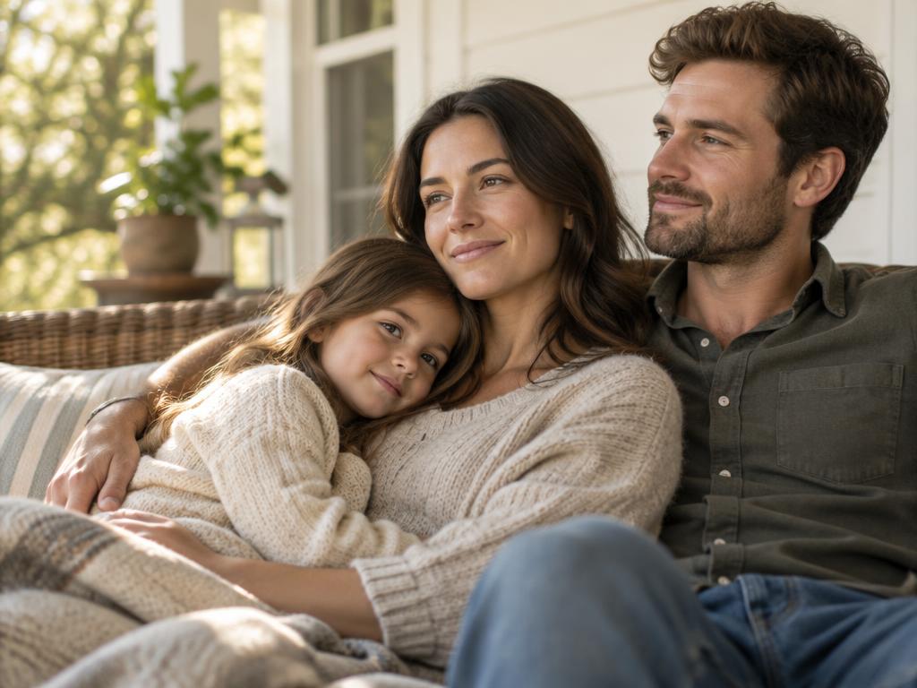 Family relaxing together on a sunlit porch, calm and content